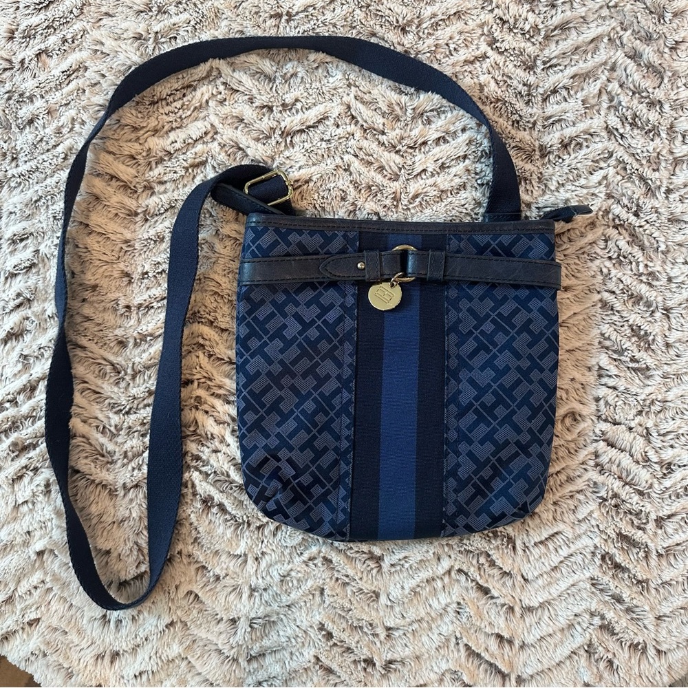 Tommy Hilfiger Navy Blue Crossbody Bag with Logo Pattern and Metal Detail
